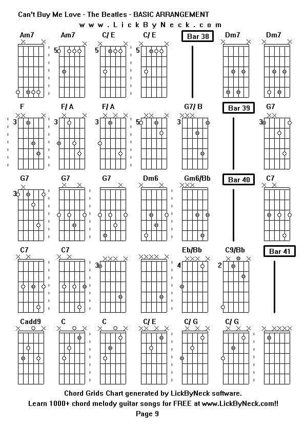 Chord Grids Chart of chord melody fingerstyle guitar song-Can't Buy Me Love - The Beatles - BASIC ARRANGEMENT,generated by LickByNeck software.